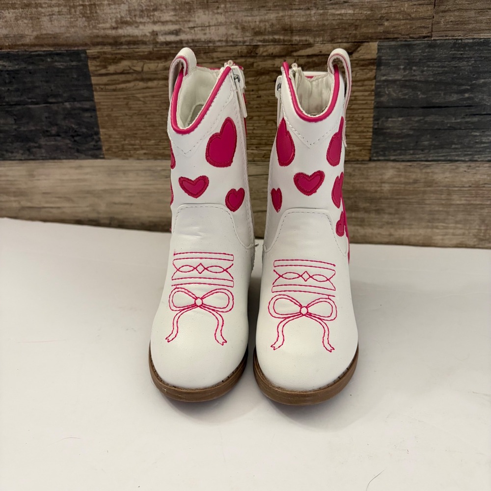 Stepping Stones Toddler Girls White Pink Heart Cowboy Western Boots Size 5